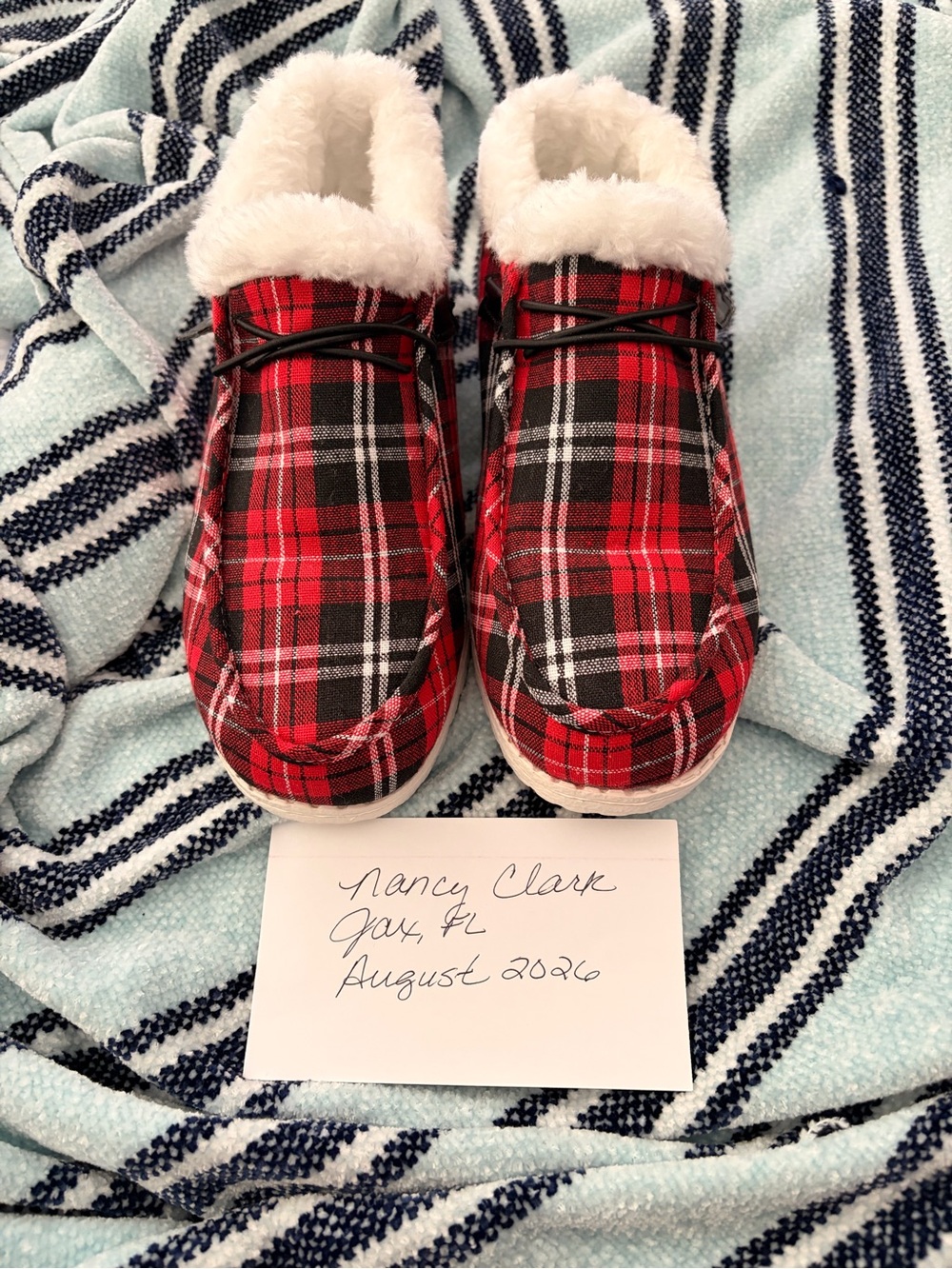 Cozy Kids Plaid Slip-On Shoes with Faux Fur Lining - Red